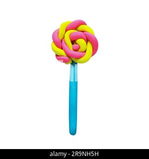 Colorful lollipop made of plasticine isolated on white, top view Stock Photo