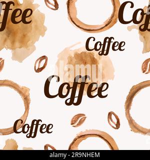 Vector seamless pattern with watercolor coffee beans, coffee blots and splashes Stock Vector