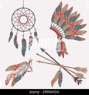 Vector colorful ethnic set with dream catcher, feathers, arrows and native american indian chief headdress Stock Vector
