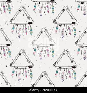Vector abstract grunge seamless pattern with tribal frames with ethnic arrows and feathers. American indian motifs. Boho style. Stock Vector