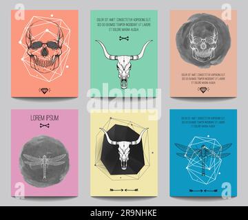 Vector set of modern posters with human skulls, bull skulls, dragonflies, geometrical shapes. Trendy hipster style for flyers, banners, brochures, inv Stock Vector