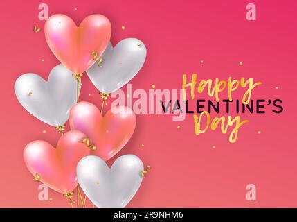 Vector holiday romantic illustration with realistic 3D flying bunch of air balloon hearts, confetti and ribbons. Trendy Valentine's Day invitation, po Stock Vector