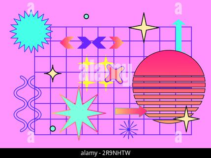 Vector trendy abstract cool retrowave pattern illustration with memphis geometric shapes. Retro 90s Pop Art Background in modern contemporary style fo Stock Vector