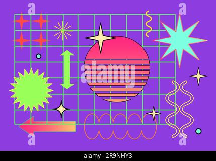 Vector trendy abstract cool retrowave pattern illustration with memphis geometric shapes. Retro 90s Pop Art Background in modern contemporary style fo Stock Vector