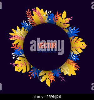 Vector natural illustration in trendy flat style with colorful exotic plants, flowers, leaves and place for text. Modern botanical round frame for ban Stock Vector