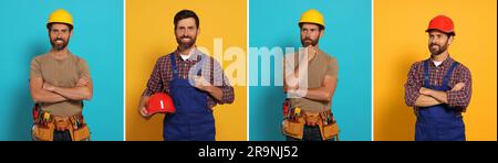 Photos of builder on different color backgrounds, collage design Stock Photo