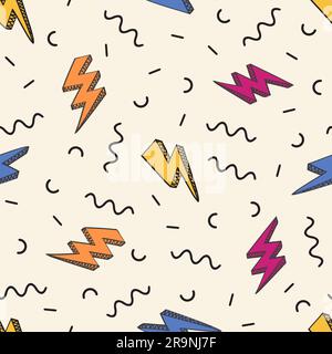 Vector abstract retro pattern with lightning bolts and geometric elements. Trendy memphis thunder background in comics style. Stock Vector