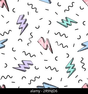 Vector abstract retro pattern with lightning bolts and geometric elements. Trendy memphis thunder background in comics style. Stock Vector