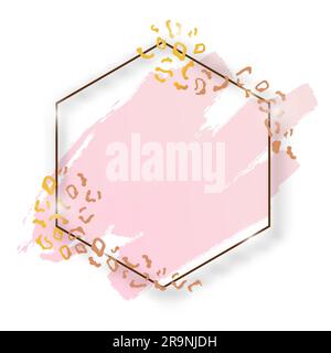 Vector golden shiny vintage hexagon frame with brush strokes and animal leopard skin isolated on transparent background. Luxury glowing realistic bord Stock Vector