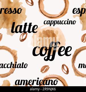 Vector seamless pattern with watercolor coffee beans, coffee blots and splashes Stock Vector