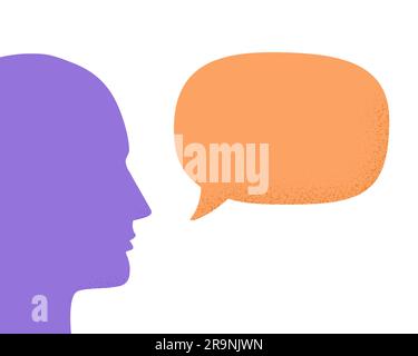 Vector illustration of human head silhouette talking through speech bubble. Concept of communication, dialogue, chat, conversation, meeting, arguing, Stock Vector