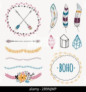 Vector colorful ethnic set with arrows, feathers, crystals, floral frames, borders. Modern romantic boho style. Templates for invitations, scrapbookin Stock Vector