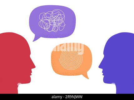 Vector illustration of two human heads silhouette talking through speech bubbles. Concept of psychotherapy, coaching, consulting, mental disorder, dep Stock Vector