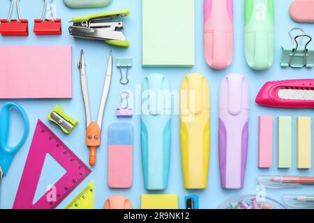 Blue Background And Pink School Supplies Back To School Flat Lay