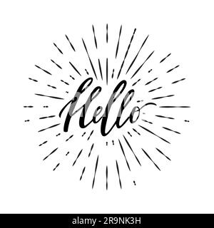 Vector retro illustration with 'Hello' lettering and sunburst effect. Trendy handwritten design. Modern calligraphy. Stock Vector