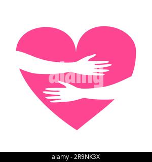 Vector illustration of hands hugging heart isolated on a white background.  Symbol or concept of love, charity, love yourself, Valentine's day, volunt Stock Vector
