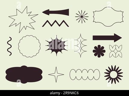 Vector set of simple geometric design elements in minimalist style. Patches, arrows, stickers, icons, symbols, badges template for branding, social me Stock Vector