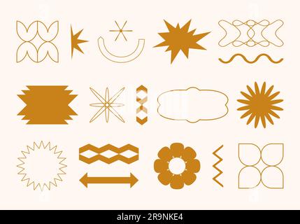 Vector set of simple geometric design elements in minimalist style. Patches, arrows, stickers, icons, symbols, badges template for branding, social me Stock Vector