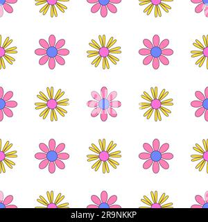 Vector seamless pattern with simple geometric graphic hippie flowers for print, paper, textile, cover, fabric, interior decor. Flat minimal colorful r Stock Vector