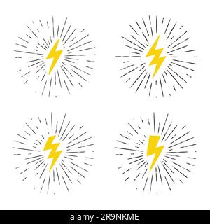 Vector black and yellow grunge retro set with lightning bolt signs with sunburst effect. Stock Vector