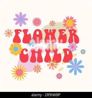 Vector trendy funny abstract retro 60s, 70s hippie groovy illustration Flower Child with flowers for fashion art print, poster or card Stock Vector
