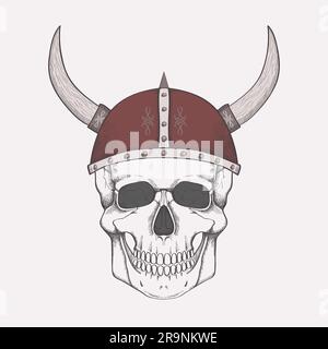 Vector illustration with human skull wearing viking helmet Stock Vector