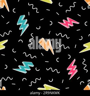 Vector abstract retro pattern with lightning bolts and geometric elements. Trendy memphis thunder background in comics style. Stock Vector