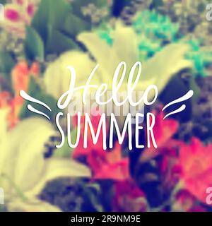 Vector background with blurred flowers and text "Hello Summer". Vintage design. Stock Vector