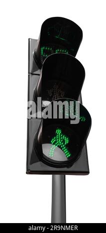 Modern traffic light with timer and pedestrian signals isolated on white Stock Photo