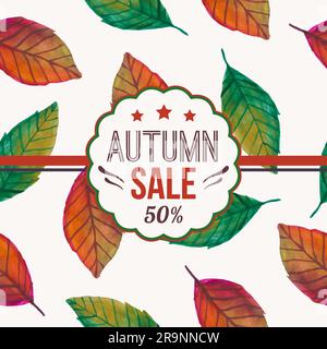 Vector illustration with autumn leaves pattern and typography text "Autumn sale" Stock Vector