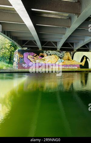 Contrasts. This image of graffiti by the Thames near Oxford does not show the traffic that - day and night - stream past on the bridge, carrying the c Stock Photo