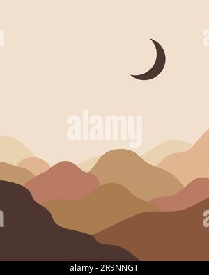 Vector abstract contemporary aesthetic background landscape with mountains, sunset, sunrise. Boho wall textured print decor in flat style. Mid century Stock Vector