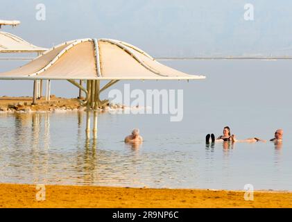 Sandwiched in a rift valley between Jordan to the east and and Israel to the west lies an unusual salt lake; this happens to be the lowest land-based Stock Photo