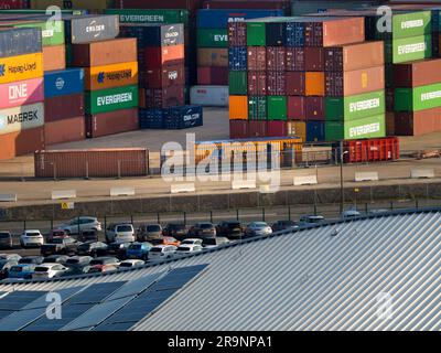 Looking down from a moored cruise ship onto the curved roof of the Horizon Cruise Terminal in Southampton, England, shows an abstract pattern of solar Stock Photo