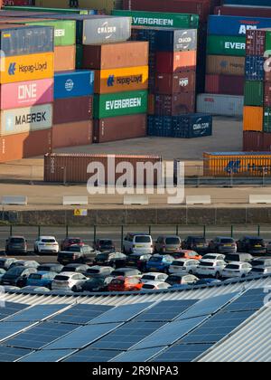 Looking down from a moored cruise ship onto the curved roof of the Horizon Cruise Terminal in Southampton, England, shows an abstract pattern of solar Stock Photo