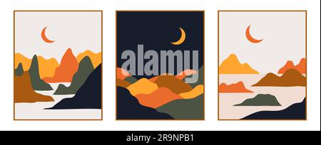 Vector abstract contemporary aesthetic set of backgrounds landscapes with mountains, roads, sunrise, sunset. Boho wall print decor in flat style. Mid Stock Vector