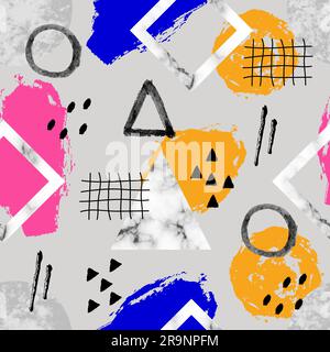 Abstract contemporary seamless pattern with marble stones, doodle textures, geometric shapes, plants, dots and watercolor elements. Trendy modern back Stock Vector