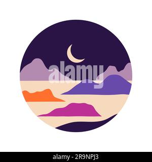 Vector abstract contemporary aesthetic round icon or sticker of landscapes with mountains, roads, sunrise, sunset. Boho wall print decor in flat style Stock Vector