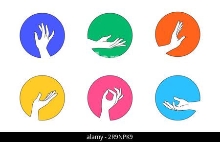Vector set of female hand logos in minimal linear style. Emblem design templates with different hand gestures isolated. For cosmetics, beauty, tattoo, Stock Vector