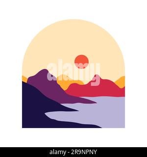 Vector abstract contemporary aesthetic background landscape with mountains, sunset, sunrise. Boho wall textured print decor in flat style. Mid century Stock Vector