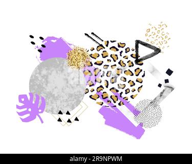 Vector trendy geometric background with marble stones, doodle textures, animal leopard print. Geometrical shapes in minimal modern style with dots and Stock Vector