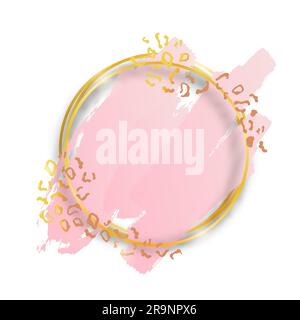 Vector golden shiny vintage round frame with brush strokes and animal leopard skin isolated on transparent background. Luxury glowing realistic border Stock Vector