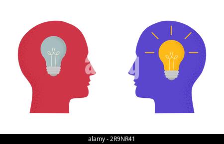 Vector illustration with two human heads and light bulbs on and off. Trendy concept of business, thinking, creativity, finding solution, idea. Symbol, Stock Vector