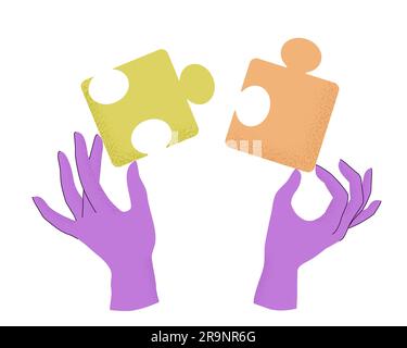 Vector illustration of cartoon human hands holding puzzle pieces with trendy grain textured shadow. Concept of teamwork, research, cooperation, busine Stock Vector