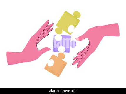 Vector illustration of cartoon human hands holding puzzle pieces with trendy grain textured shadow. Concept of teamwork, research, cooperation, busine Stock Vector
