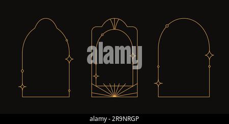 Vector set of linear minimalistic aesthetic frames and borders with stars. Rectangular, arch modern geometric shapes in art deco style with sparkles f Stock Vector
