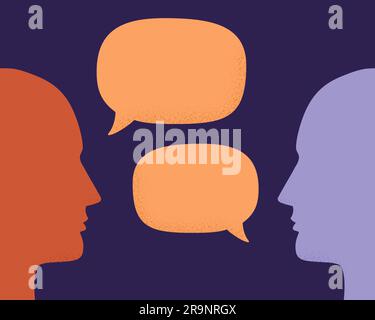 Vector illustration of two human heads silhouette talking through speech bubbles. Concept of communication, dialogue, chat, conversation, meeting, arg Stock Vector