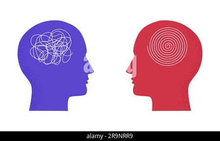 Mental health concept of two heads with brain as continuous line in ...