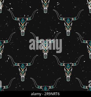 Vector grunge seamless pattern with bull skull and ethnic ornament Stock Vector