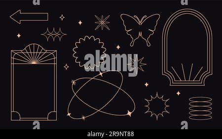 Vector set of linear minimalistic aesthetic frames, borders, geometric shapes with stars in boho and funky 2yk style. Rectangular, arch elements for s Stock Vector